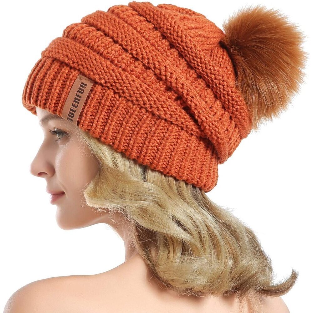 Women Orange Soft Acrylic Thick Baggy Knit Winter Faux Fur Pompom Beanie